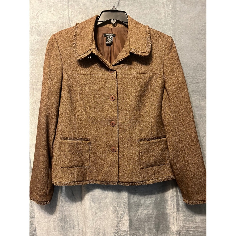 Bob Mackie Studio Brown Tweed Blazer Jacket Fringed‎ Trim Career Women's Size 14